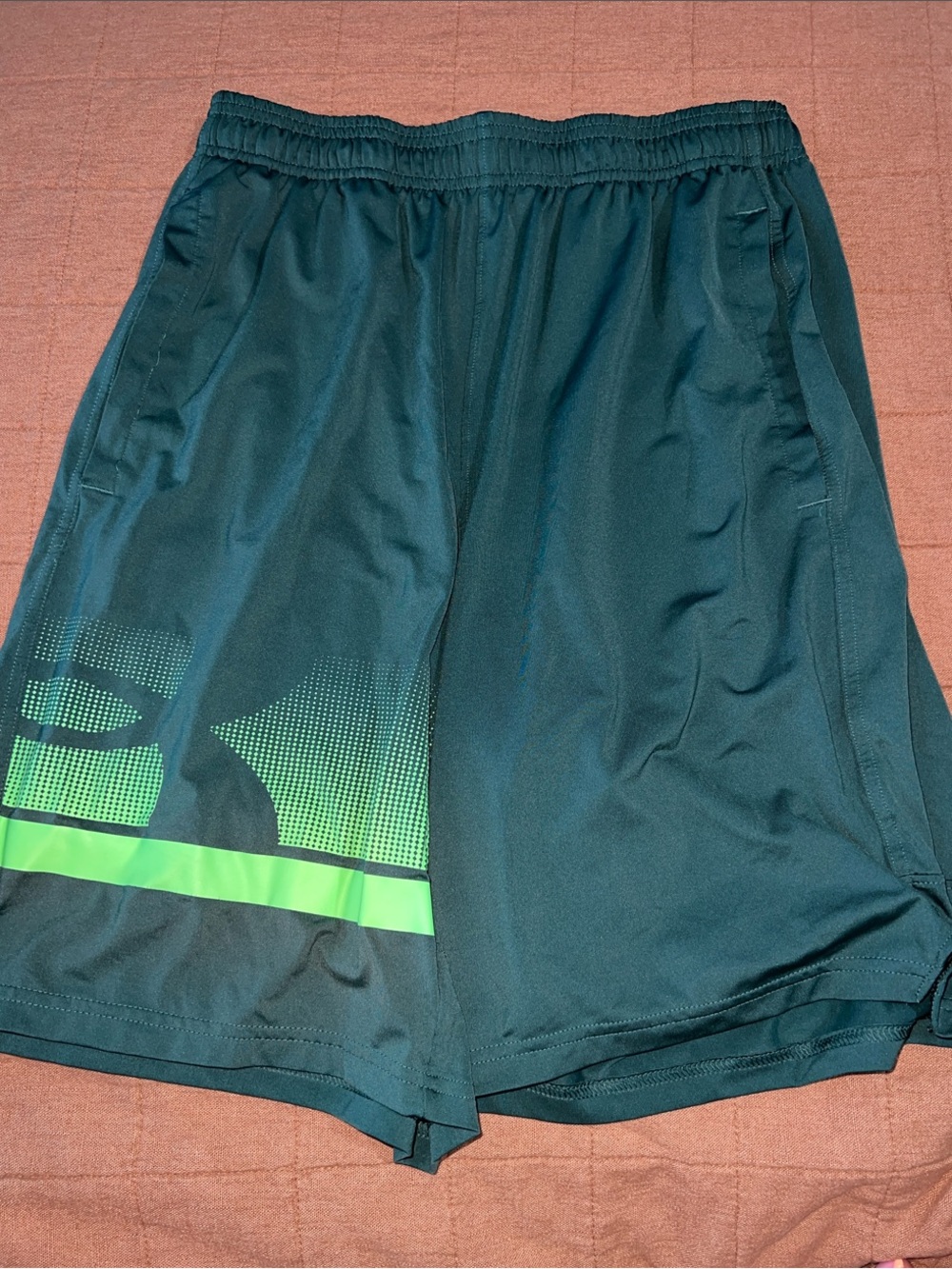 Under Armour Dark Green Athletic Shorts with Neon Green Accent